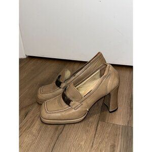 DOLCE & GABBANA  Vintage Beige Leather Square-Toe Slip-On Heeled Loafers Women's